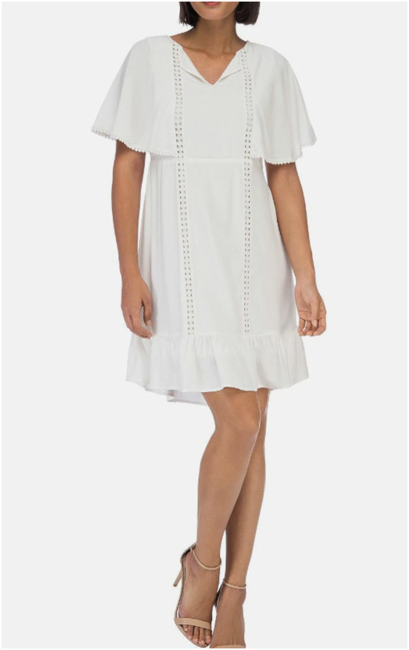 NWT Bobeau Mini Dress Womens L White Cotton Ruffled V-Neck Short-Sleeve Casual